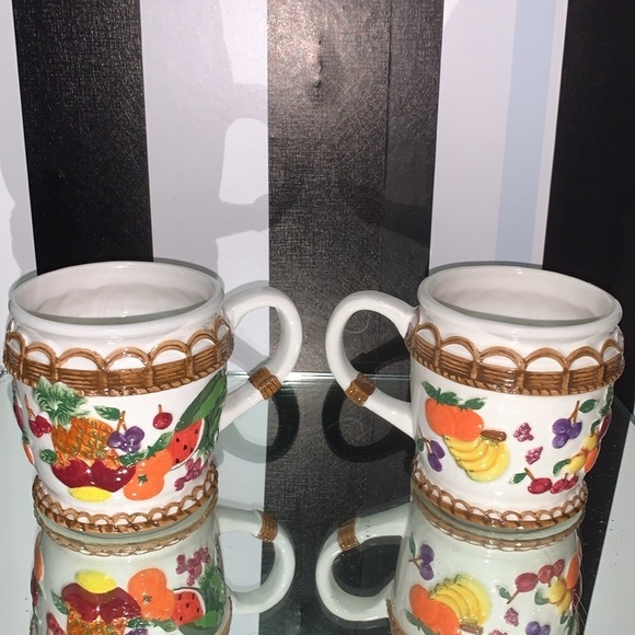 4 pc Set Ceramic Fruit Basket Motif 2 Mugs-Creamer/Pitcher & Covered Sugar Dish - Picture 1 of 17